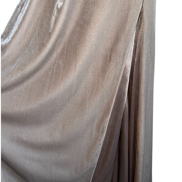 REVELRY Asher Velvet Dress in Champagne | Bridesmaid | Cross Straps Front Slit 4 - Picture 9 of 11